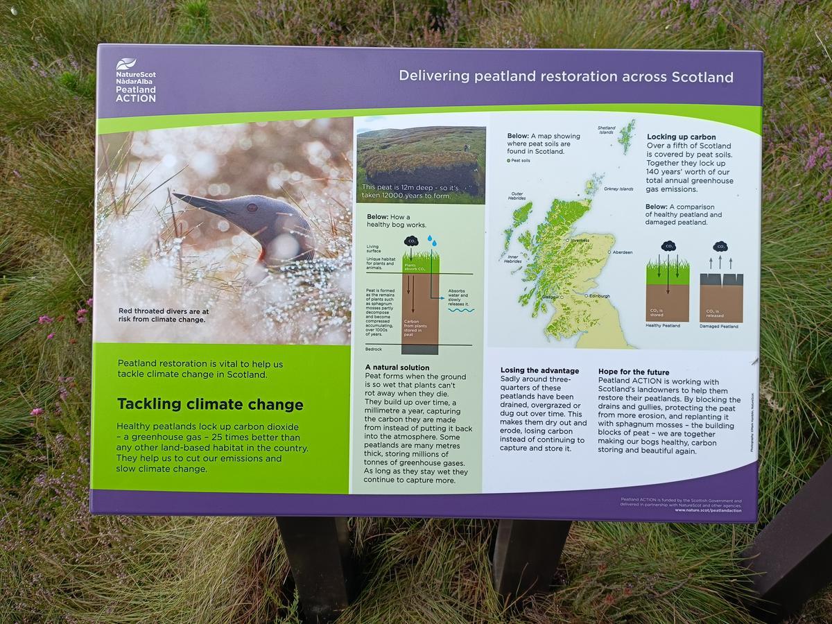 One of the four themed interpretation panels – this one highlighting the importance of peatland restoration in tackling climate change.