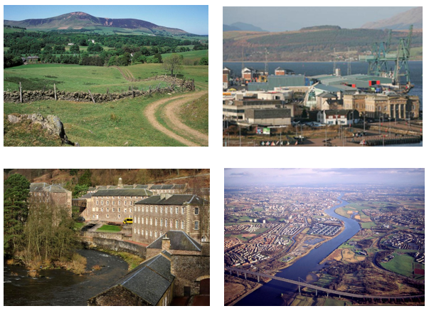 Title page photographs, clockwise from top left, Tinto Fell, Greenock and Gourock, Inverclyde, Aerial view east over the River Clyde and the Erskine Bridge towards Glasgow and New Lanark.