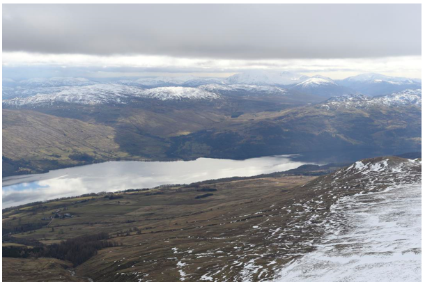 Glaciated peaks rise above U shaped valley and the ribbon of Loch Tay