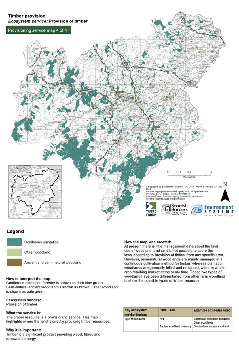 This map shows the main areas of woodland within the Scottish Borders. The map shows coniferous woodland, ancient and semi-natural woodland, and other woodland.