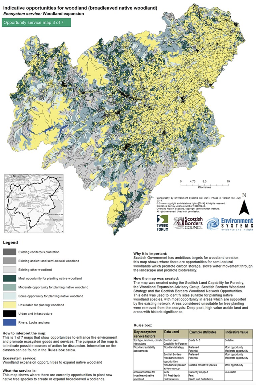 This map highlights areas within the Scottish Borders that are suitable for woodland creation. Areas are colour coded for greatest, moderate, some or unsuitable for planting opportunity. Existing woodland is also shown.