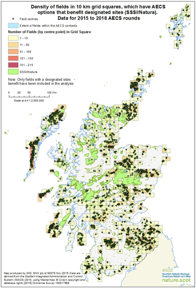 Map of Scotland showing density of fields in 10 km squares, which have AECS options that benefit designated sites