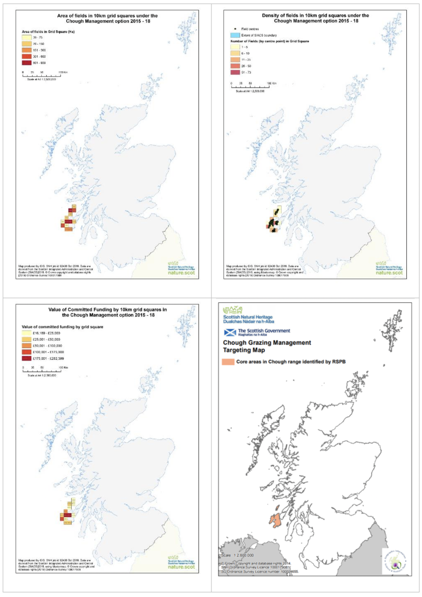 Set of four maps of Scotland showing area of fields in 10 km squares under the chough management option