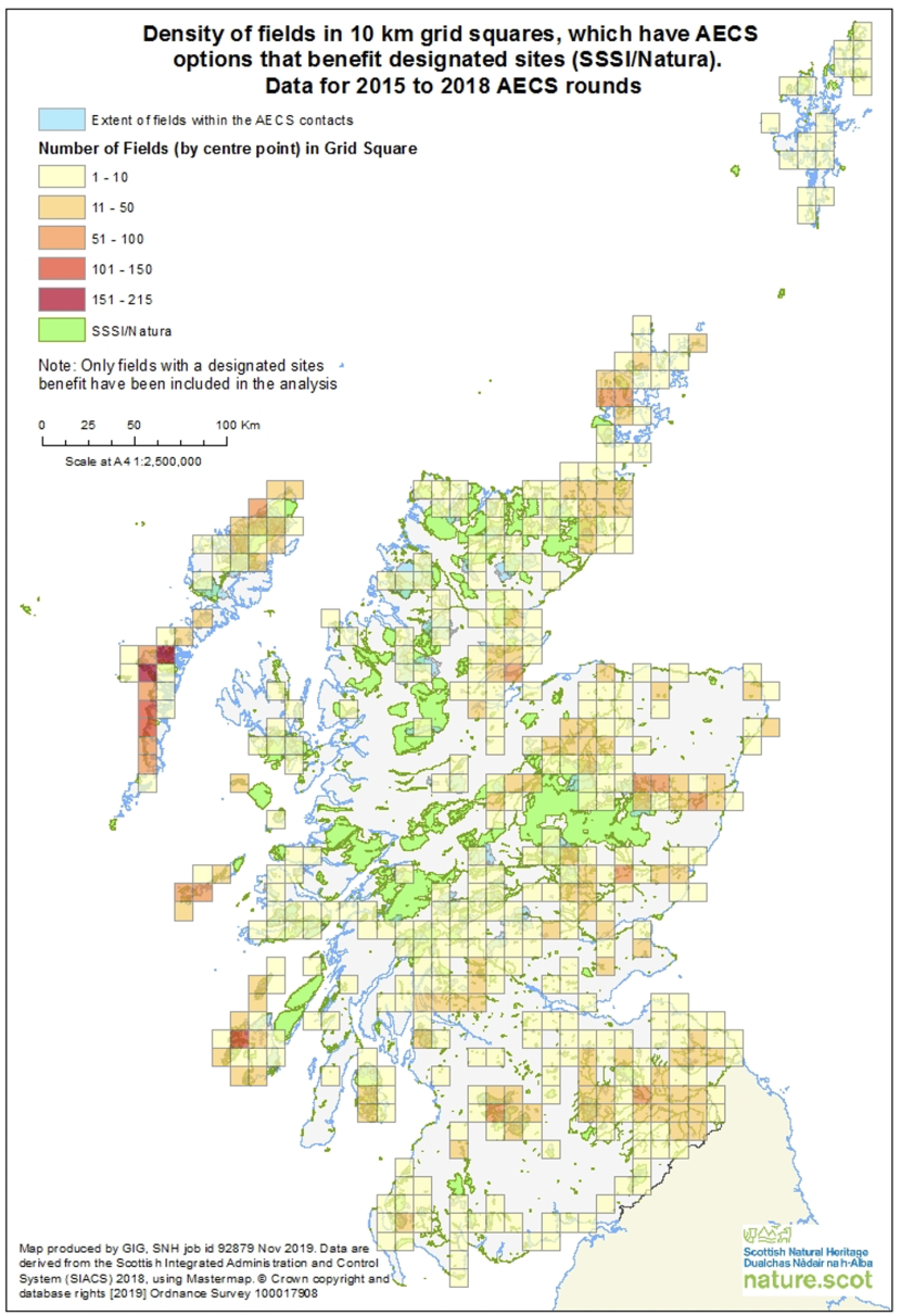 Map of Scotland showing density of fields in 10 km squares, which have AECS options that benefit designated sites 