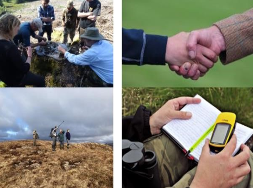4 images: Staff around a tree stump, hands shaking, staff observing in a field, hands holding a logbook and GPS.