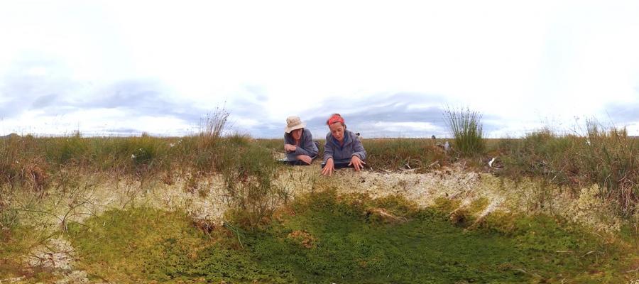 Two people looking at a bog pool discussing the merits peat bogs have in tacking climate change. Credit: still taken from 360 VR film funded by SEFARI - https://sefari.scot/ . Directed and filmed by Andrew Macdonald of Exhibit Scotland. 