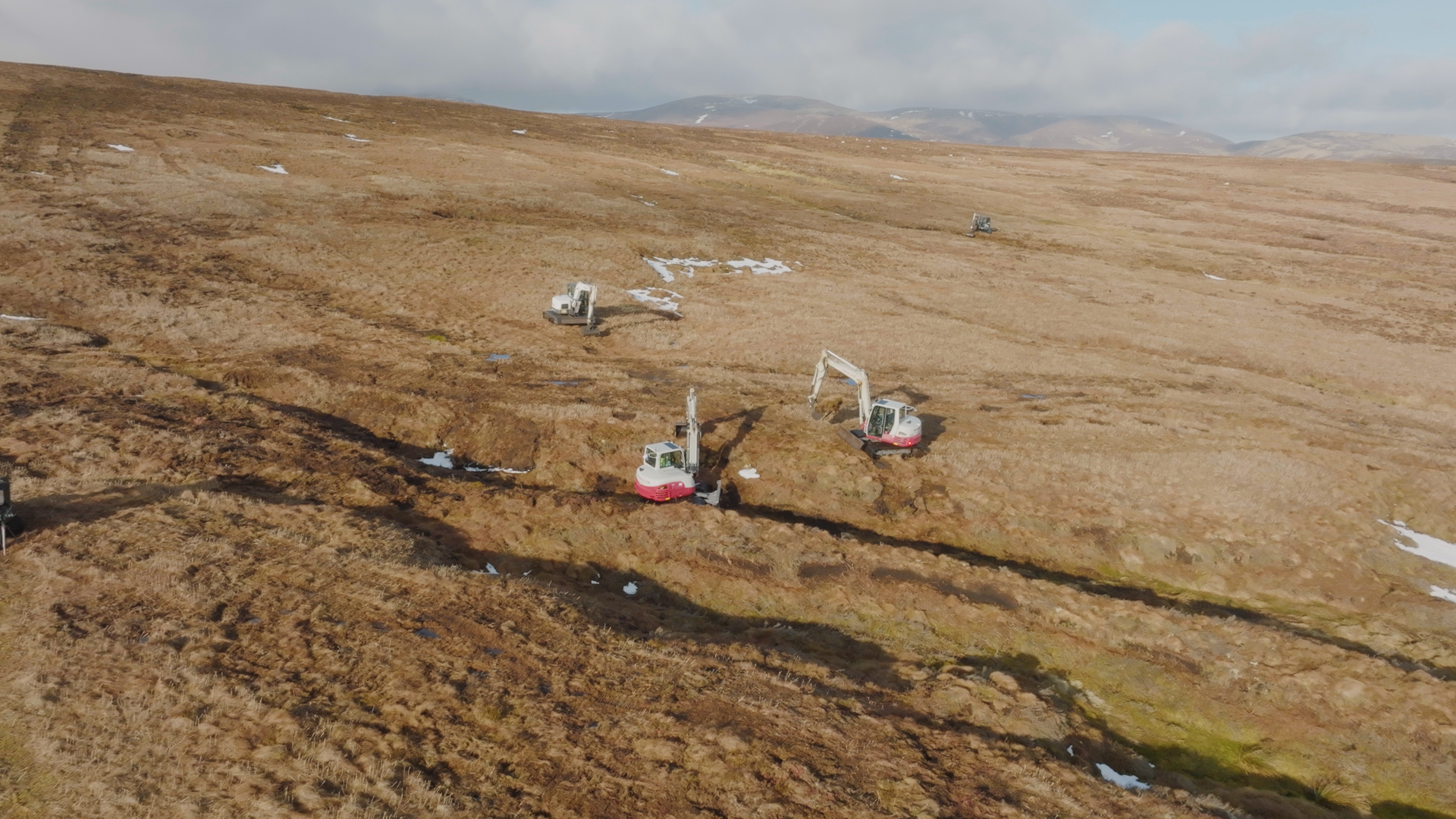 Machine operators reprofiling grips and gullies at Megget Estate, part of Wemyss & March Estates a NatureScot Peatland ACTION funded restoration project