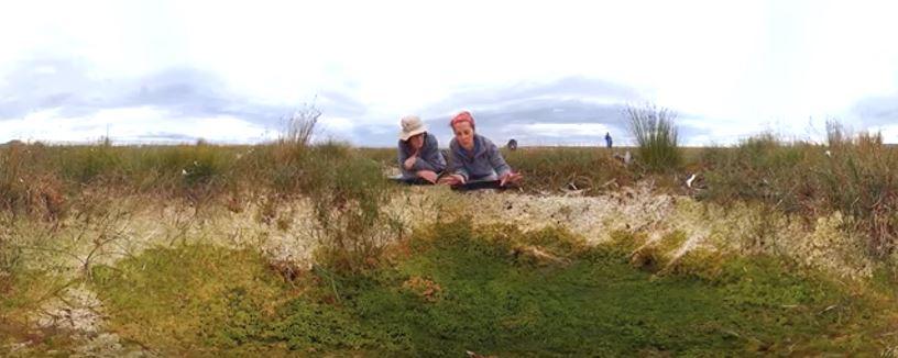 Two people looking at a bog pool discussing the merits peat bogs have in tacking climate change. Credit: Still taken from James Hutton Institute 360 VR film  