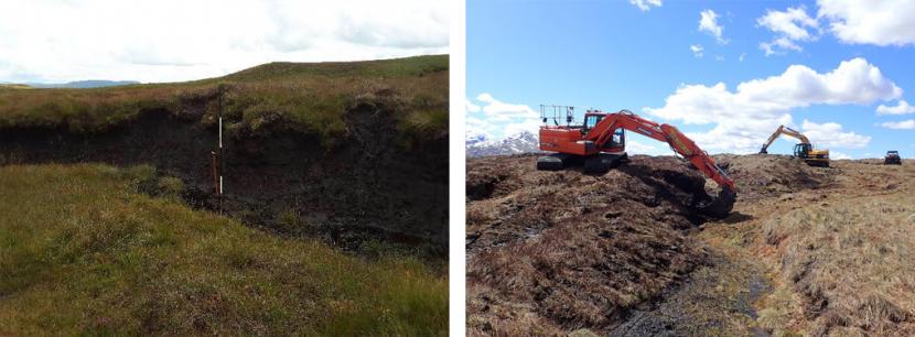 Peatland ACTION - Bare peat hags identified for re-profiling, and re-profiling hags at Innishewan Ford. Innishewan Ford. © RJCooper/Loch Lomond & The Trossachs National Park Authority / Peatland ACTION