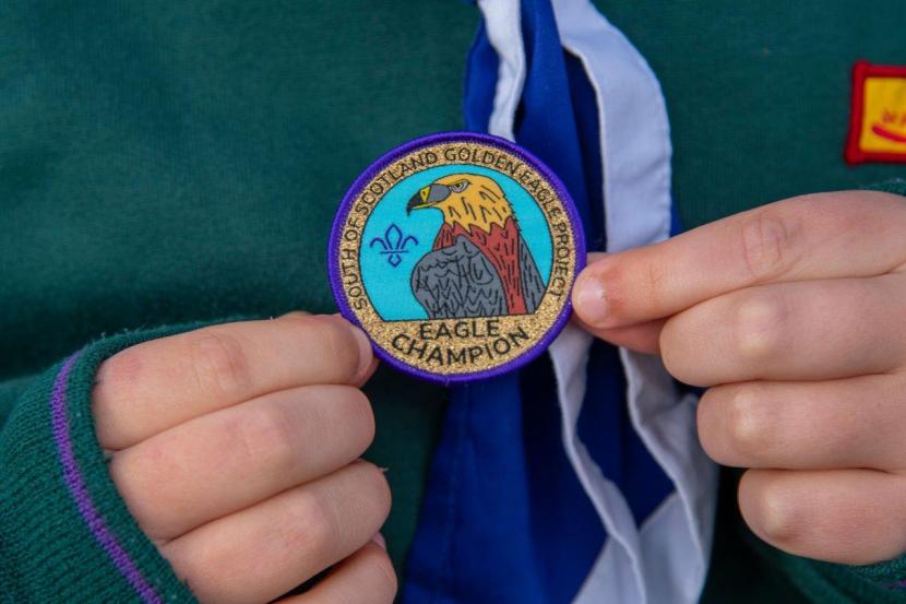 South Scotland Golden Eagle Project - Traquair House - golden eagle champion badge. ©South Scotland Golden Eagle Project. For information on reproduction rights contact the Scottish Natural Heritage Image Library on Tel. 01738 444177 or www.nature.scot  
