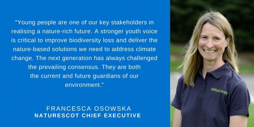 Photo of NatureScot CEO, with quote about young people and nature