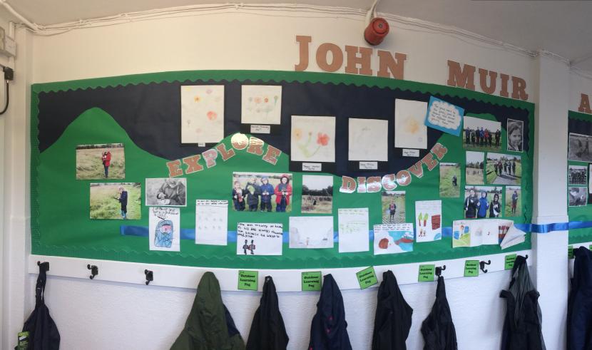 School wall display of primary artwork and pictures