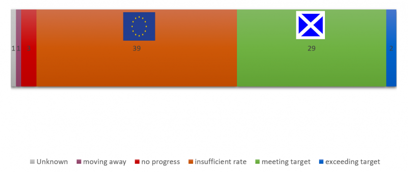 Global progress against Target 2 Showing number of countries attaining each status and progress of Scotland and EU
