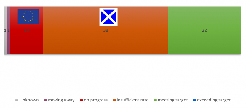Global progress against Target 5 Showing number of countries attaining each status and progress of Scotland and EU