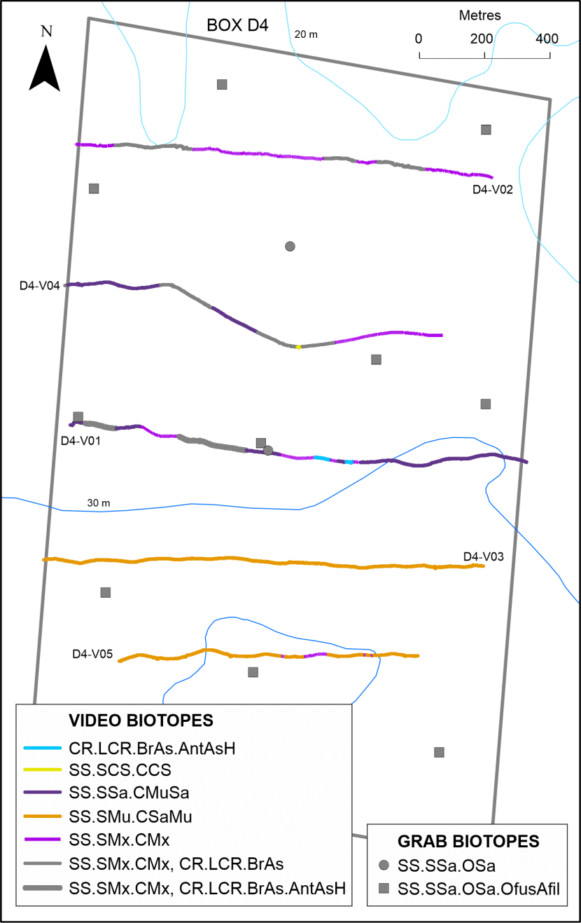 The distribution of seabed habitats or biotopes observed along drop-down video monitoring transects and at point grab sampling stations in Arran monitoring box D4