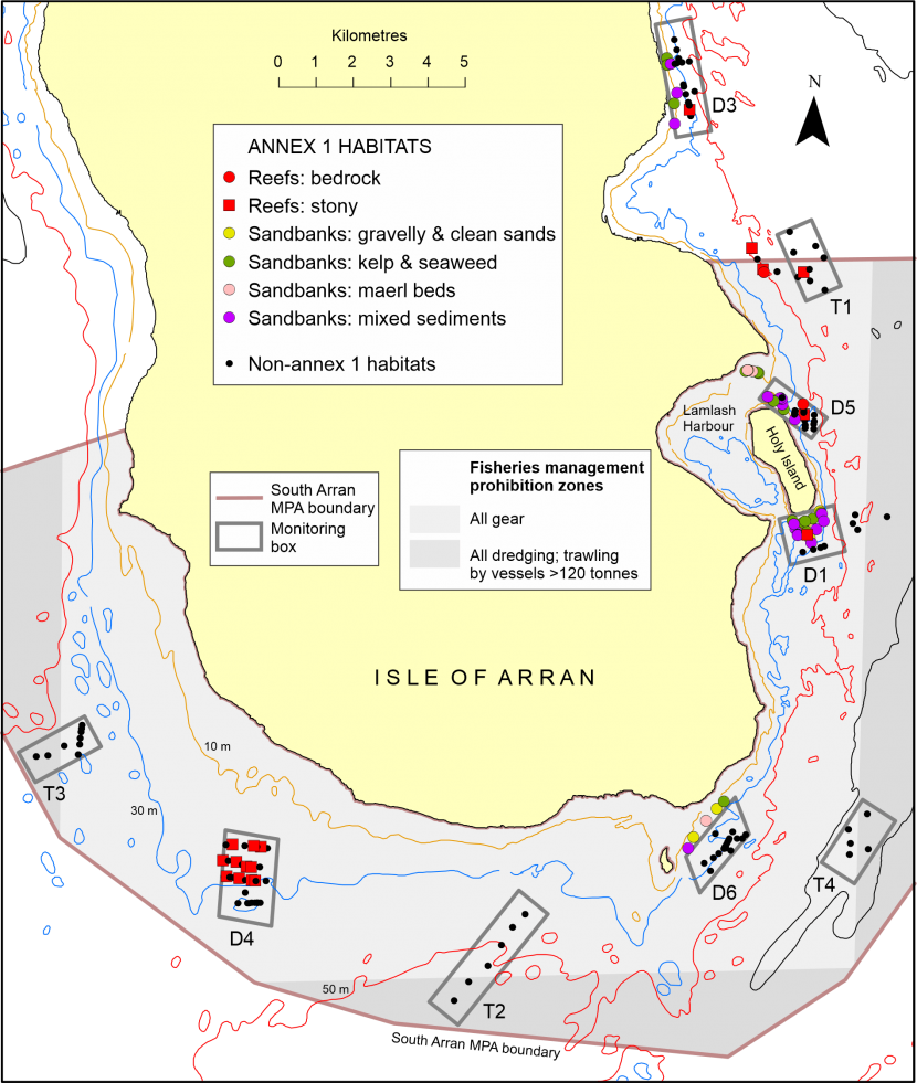 Map of the southern end of the Isle of Arran in the Clyde Sea showing the presence and distribution of seabed communities correlating with European Commission Habitats Directive Annex I habitats