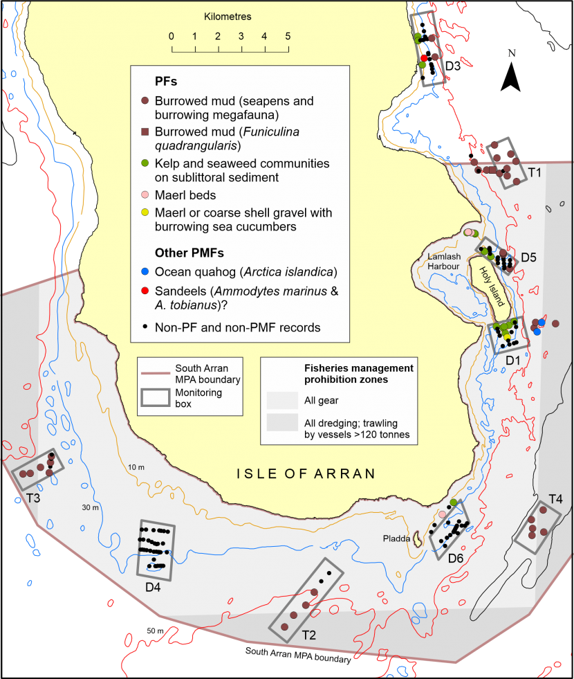 Map of the southern end of the Isle of Arran in the Clyde Sea showing the presence and distribution of seabed communities correlating with protected features of the South Arran Marine Protected Area