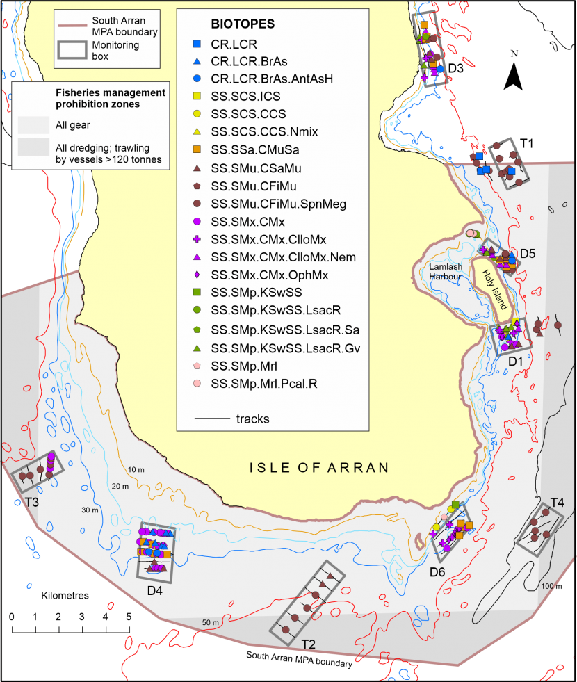 Map of the southern end of the Isle of Arran in the Clyde Sea showing the distribution of seabed habitats or biotopes observed along drop-down video monitoring transects