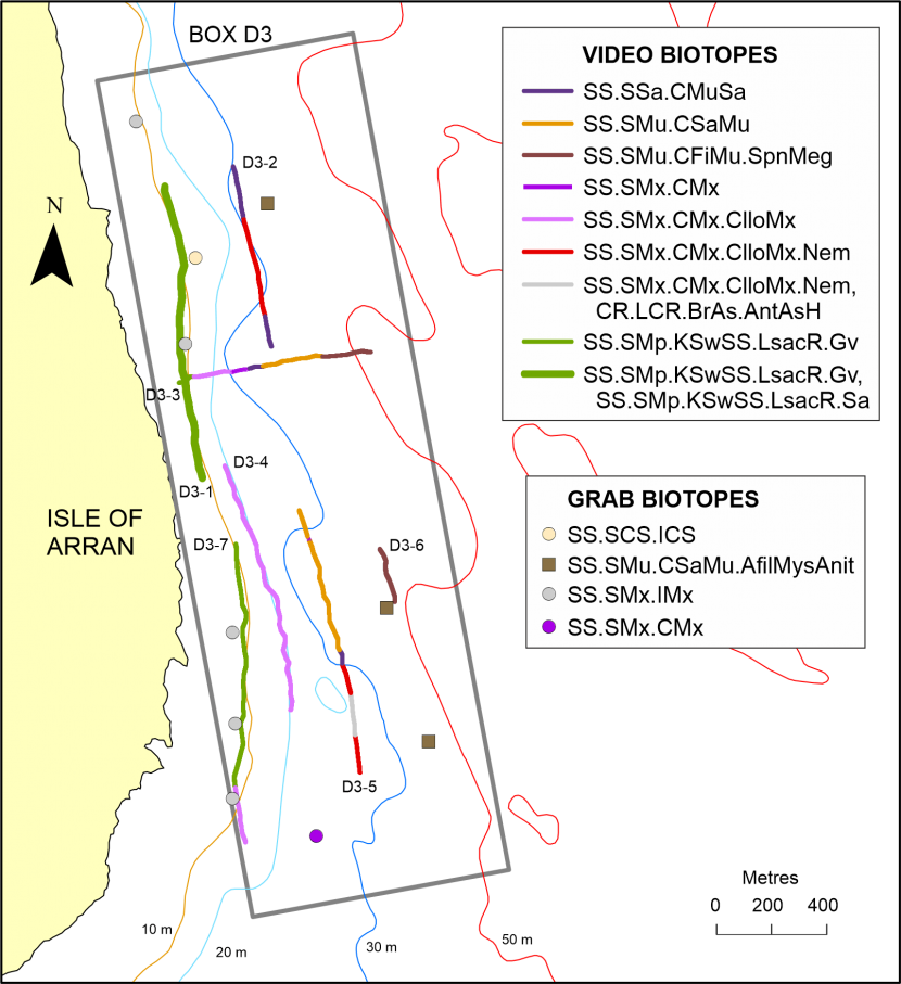 The distribution of seabed habitats or biotopes observed along drop-down video monitoring transects and at point grab sampling stations in Arran monitoring box D3