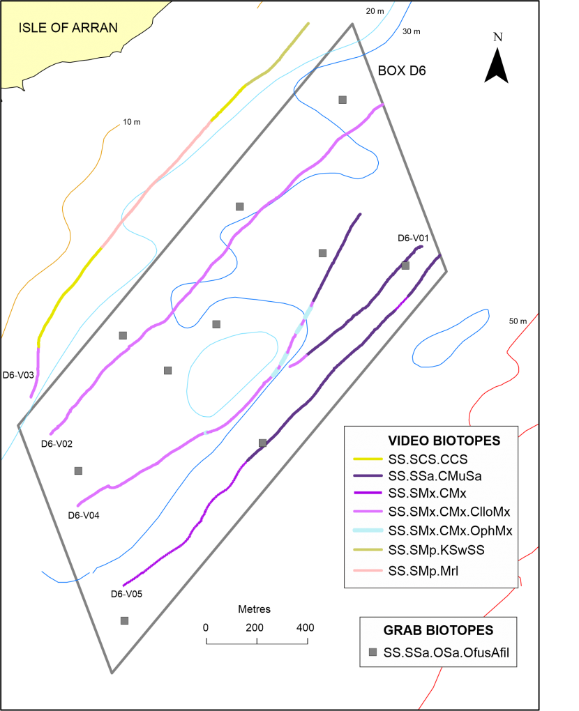 The distribution of seabed habitats or biotopes observed along drop-down video monitoring transects and at point grab sampling stations in monitoring box D6