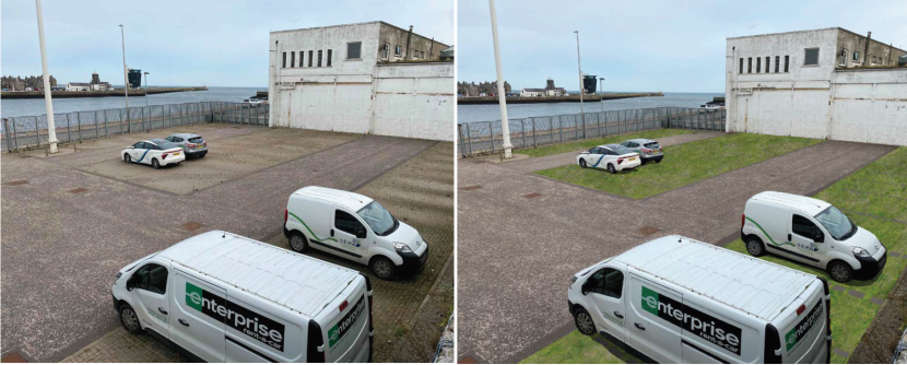 The ‘before’ photograph shows vehicles parked in a car park completely covered by block paving.  The ‘after’ shows the paving on the rows of parking bays replaced by gravel lawn.