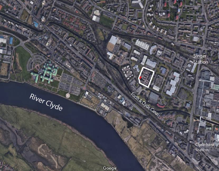 Aerial photograph of Clydebank with the office location marked.
