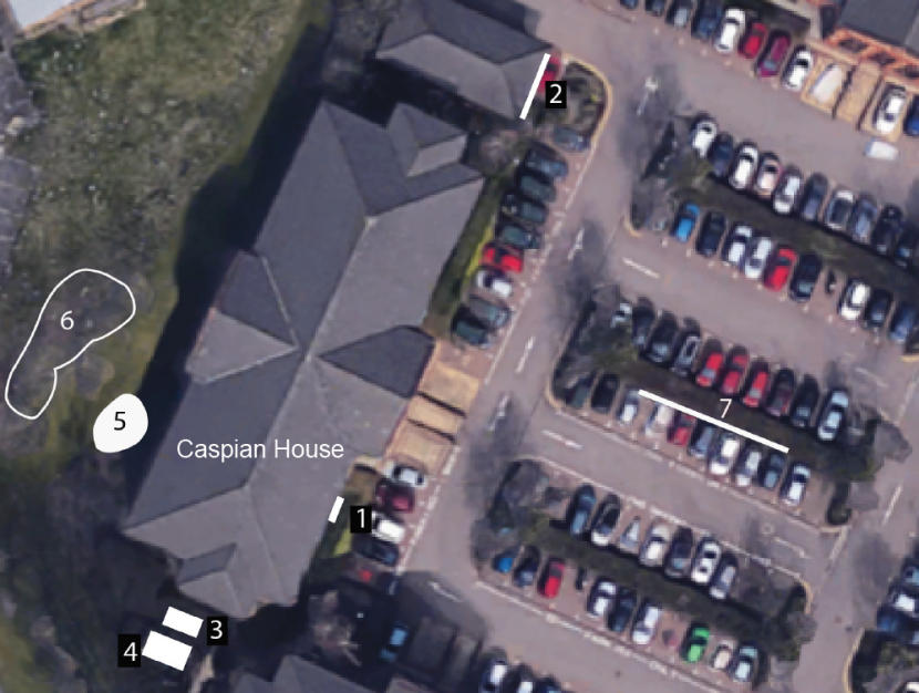 Aerial photograph of Caspian House and the car park showing proposed project locations.