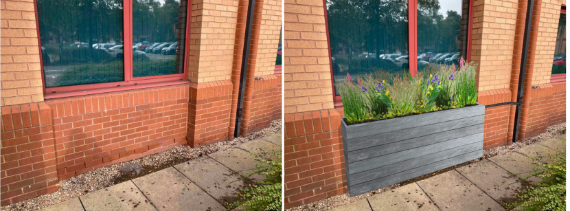The ‘before’ photograph shows the exterior of a window with a downpipe alongside.  The ‘after’ shows the downpipe connected to a wooden planter containing a variety of flowers.