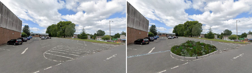 The ‘before’ photograph shows the entrance to the asphalt covered car park and two of the cross-hatched islands.  The ‘after’ shows the central island replaced by a rain garden, with channel drains installed. 