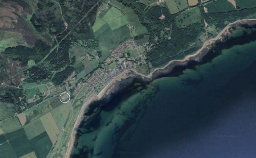 Aerial photograph of Golspie with the office location marked.