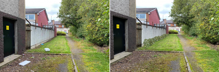 The ‘before’ photograph shows the gravel strip by the bare outside wall, with grass and a path alongside it.  The ‘after’ shows the gravel strip planted with wildflowers, the flowers now covering the bottom of the wall.