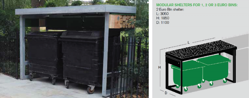 A metal bin shelter with a green roof. 