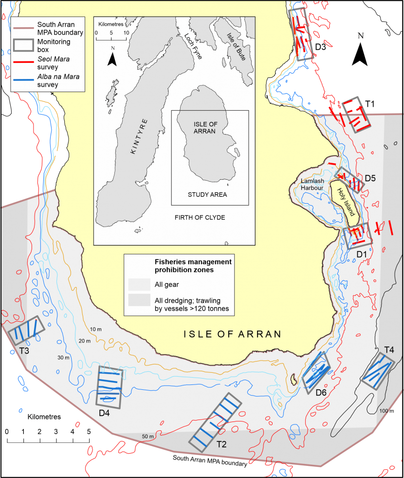 Map of the southern end of the Isle of Arran in the Clyde Sea showing the monitoring boxes and tracks of the drop-down video transects