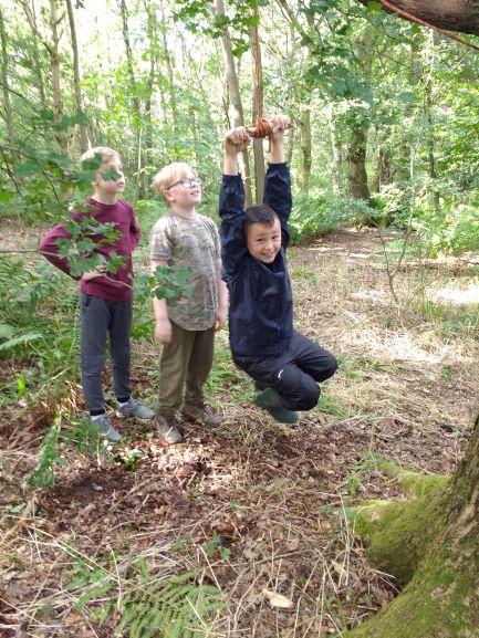 St Pauls Primary pupils playing on rope swing in wood