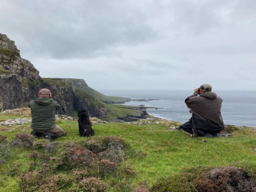 NatureScot call off contractors with binoculars on cliff checking productivity of White tailed eagle