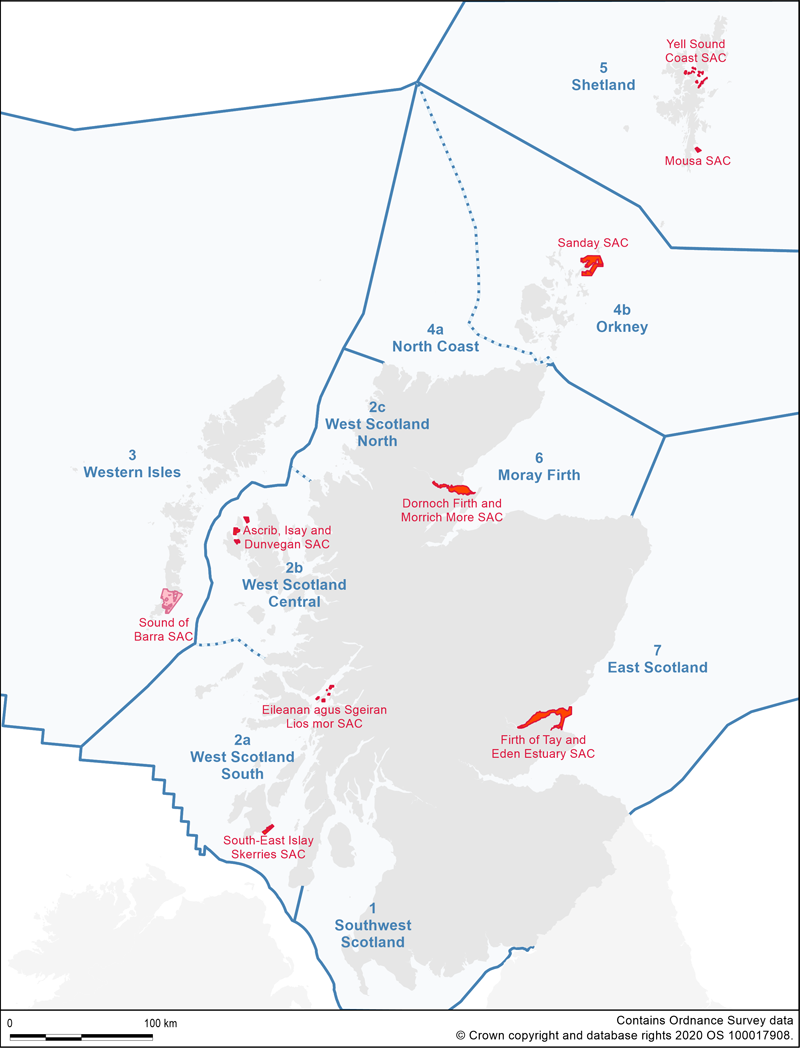 Map of Scotland showing protected areas and management areas for seals