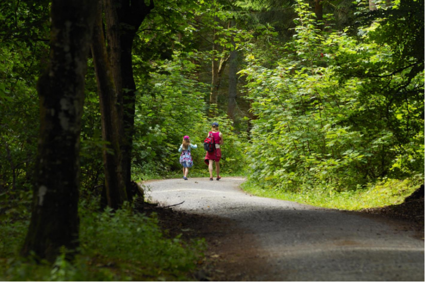 Science newsletter - woman and child walking on path through forest