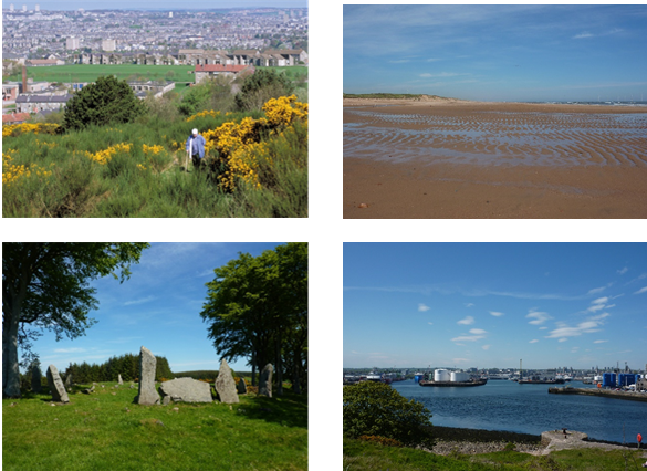 Pictures clockwise from top left, Kincorth Hill -  Walkers on Kincorth Hill with view across Aberdeen, Donmouth Beach - Sand and dunes at Donmouth with a bright blue sky, Aberdeen Harbour - View across to Aberdeen Harbour, industrial and commercial buildings on the harbour edge, Standingstones circle - Standingstones or Tyrebagger stone circle near Dyce, Aberdeen.