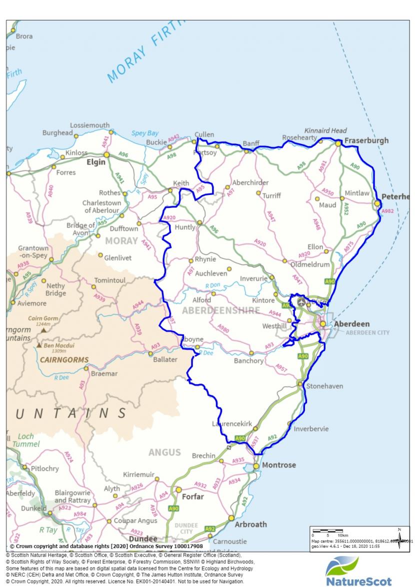 Map showing Aberdeenshire, excluding the area within the Cairngorms National Park