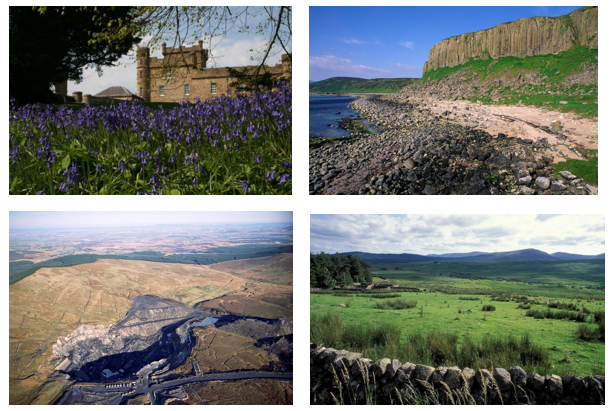 Title page photographs, clockwise from top left: Bluebells at Culzean. This is a castle surrounded by bluebells. Felsite Sill on Sandstone, Drumadoon, Isle of Arran. Carsphairn. This is a small village. Opencast coal workings at Glenbuck east of Muirkirk. 