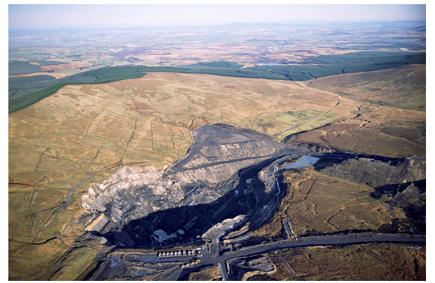 Opencast coal mine at Glenbuck surrounded by upland moorland and planted coniferous forest