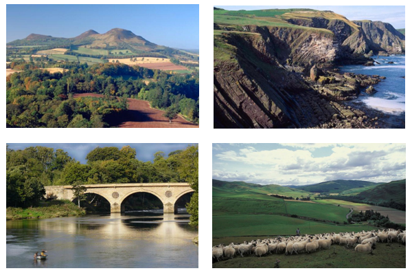 Title page photographs, clockwise from top left: Eildon Hills from Scotts view on the River Tweed, Folded cliffs at St. Abbs Head Berwickshire, Tinnis Farm Yarrow Valley and Salmon Fishing on the Tweed. 