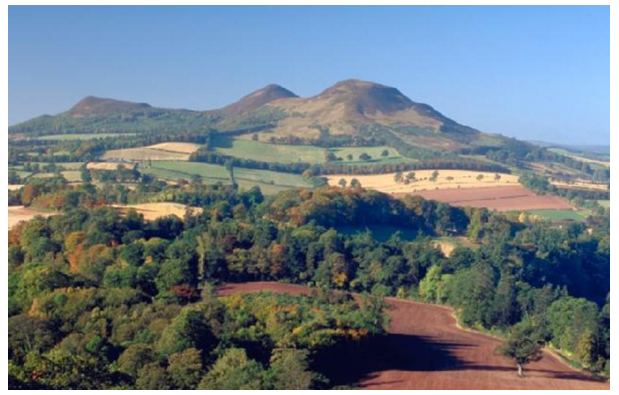 Eildon Hills from Scott’s view with farmland and woodland
