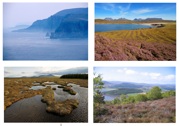 Title page photographs, clockwise from top left: The seacliffs at Clo Mor Cape Wrath near Durness, lazy beds and heather with a view towards mountains from Achnahaird Bay, view south over the inner Dornoch Firth, and bog pools at The Flows NNR Forsinard Caithness.