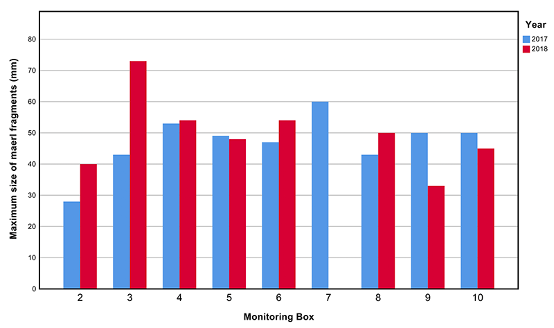 Maximum maerl size averaged for each monitoring box along the eastern side of the Sound of Barra from samples collected in 2017