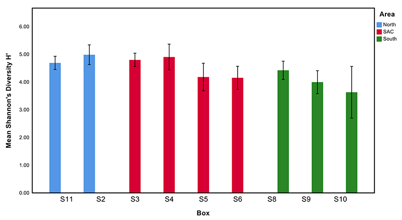 Average Shannon’s diversity of grab samples collected at the Sound of Barra SAC survey boxes 2018