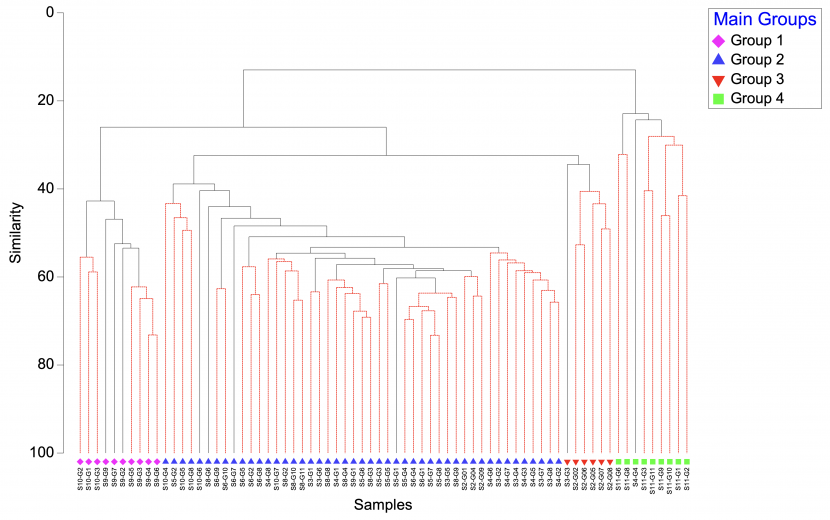 Results of nMDS from grab samples taken from the Sound of Barra in 2018 (labels are SIMPROF groupings)