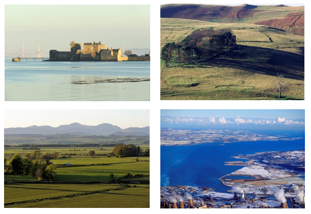 Title page photographs, Blackness Castle on the Firth of Forth, Ochil Hills near Yetts o' Muckhart, Grangemouth refinery on the Firth of Forth and The Carse of Stirling from Kippen. 