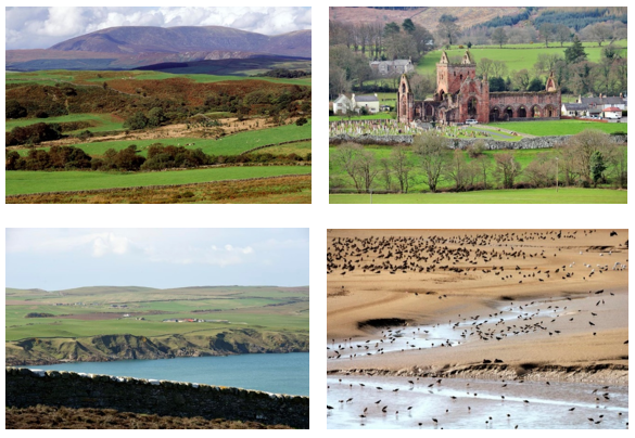 Title Page Photographs, clockwise from top left: View north over farmland looking towards Cairnsmore of Fleet National Nature Reserve, Sweetheart Abbey, Dumfries and Galloway, Flocks of wading birds feeding on the Nith Estuary near Dumfries, View north over Luce Bay from the Mull of Galloway. 