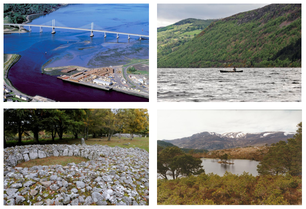 Title Page Photographs, clockwise from top left: The Kessock Bridge and Moray Firth, Great Glen Canoe Trail, Loch Ness, Glen Strathfarrar - a narrow valley and Clava Cairns - circular cairn.